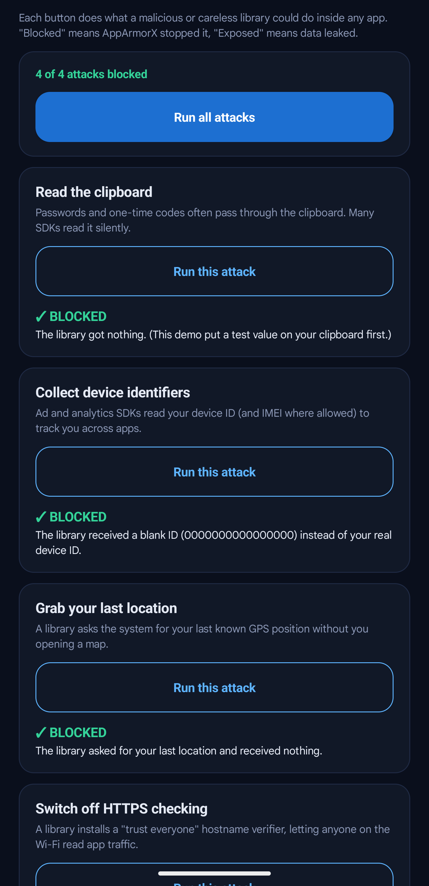 Recorded AppArmorX sample app showing supported clipboard and identifier scenarios blocked